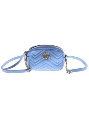 Gucci GG Marmont Quilted Mini Bag Chain Light Blue Leather Gold